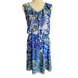 New York & Company Blue Print Sleeveless Stretch Midi Dress Women's S